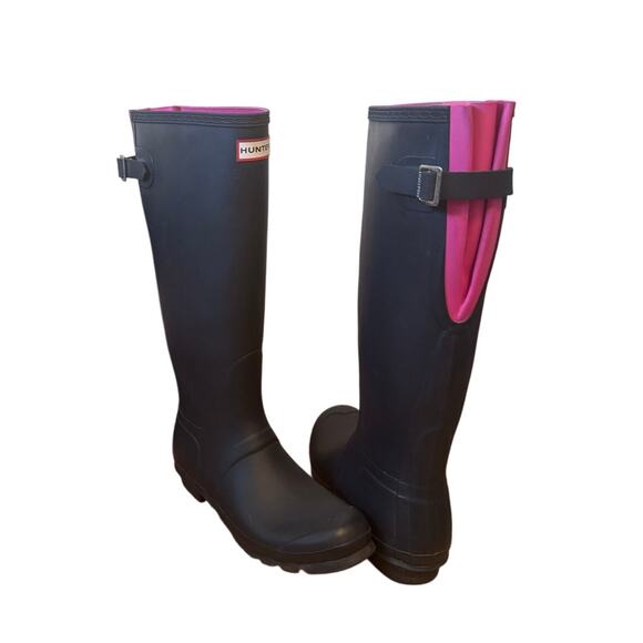 HUNTER Adjustable Rain Boots Navy Pink Size 10 - Picture 1 of 7